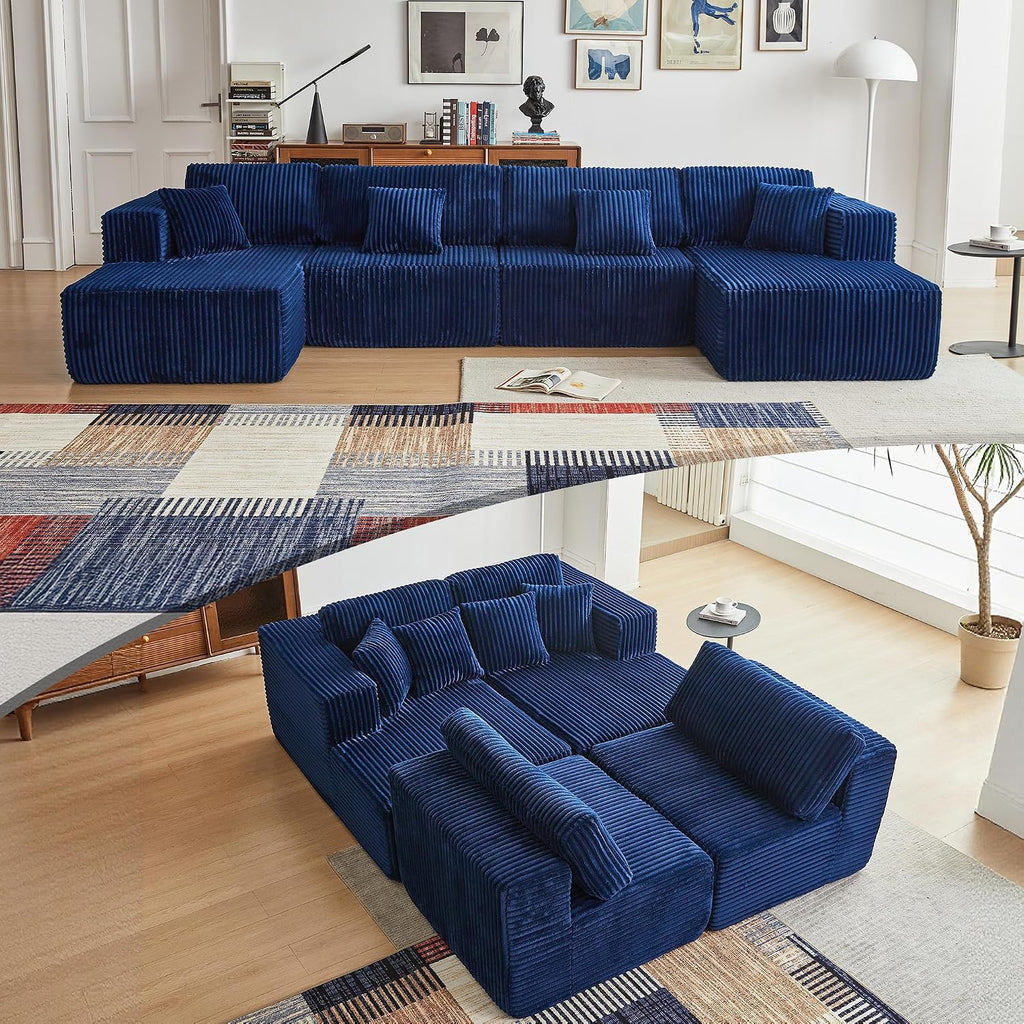 143' Oversized Cloud Boneless Couch with Chaise, Modern Modular Sofa with Deep Seat, Various Combinations Upholstered Couches for Living Room, No Assembly Required, Blue