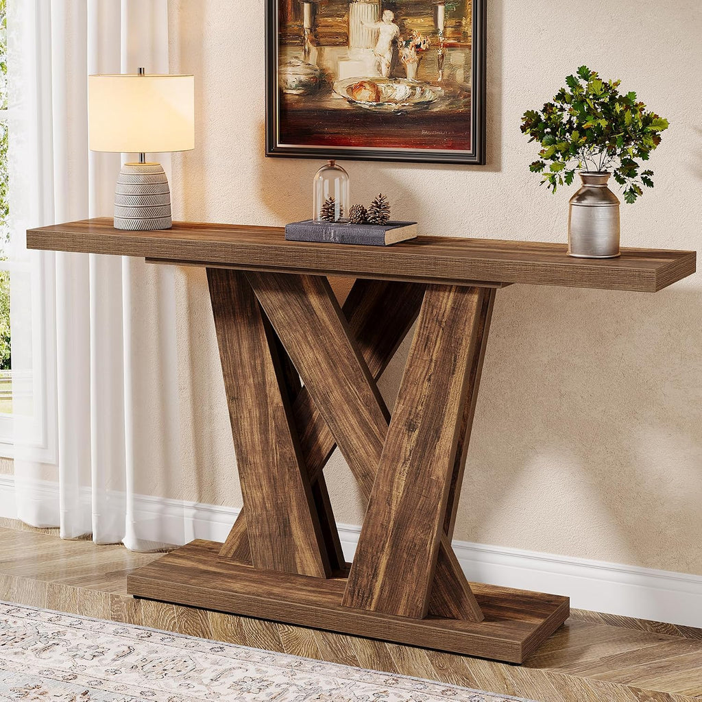Tribesigns 55-Inch Farmhouse Console Table, Farmhouse Behind The Couch Table TV Stand with Geometric Base, Skinny Sofa Table Entryway Table for Entrance, Living Room, Hallway, Foyer, Rustic Brown