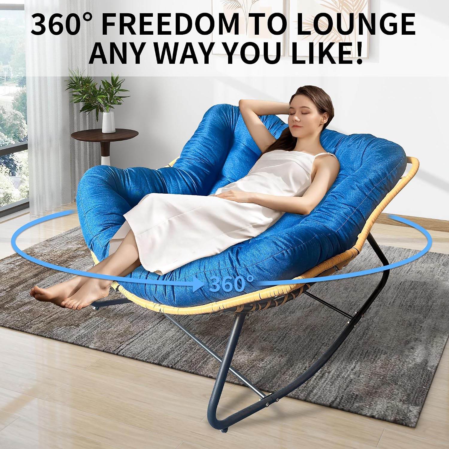 Outdoor Rocking Chair, Patio Egg Rocking Chair, Indoor Papasan Chair, Rattan Wicker Lounge Chair, Modern Royal Chair for Bedroom, Living Room, Porch, Garden,Lawn (41.3' Dark Blue)