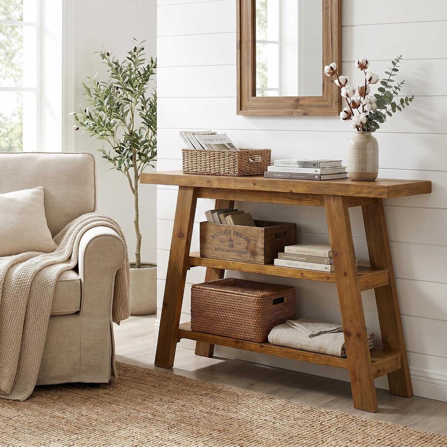 Solid Wood Console Table, 47.24' Farmhouse Narrow Entryway Table with 3-Tier Storage Shelves, Accent Sofa Table for Hallway, Foyer & Living Room (Retro Brown)
