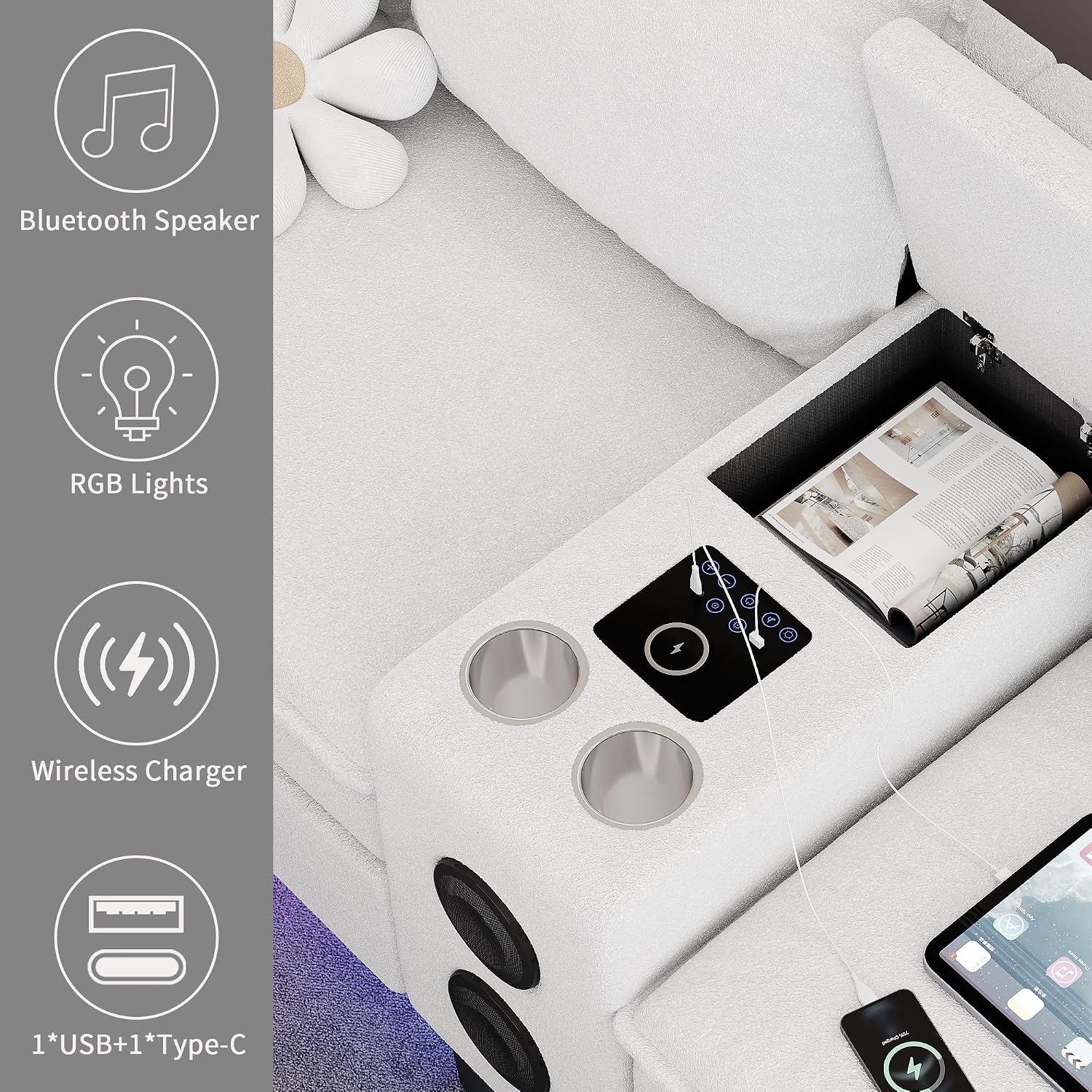 Sectional Couches for Living Room, 4 Seat Sectional Sofa with Smart Module-Bluetooth Speaker/RGB Light/Charging Station, Teddy Fleece U Shaped Cloud Couch with Storage Ottoman (White)