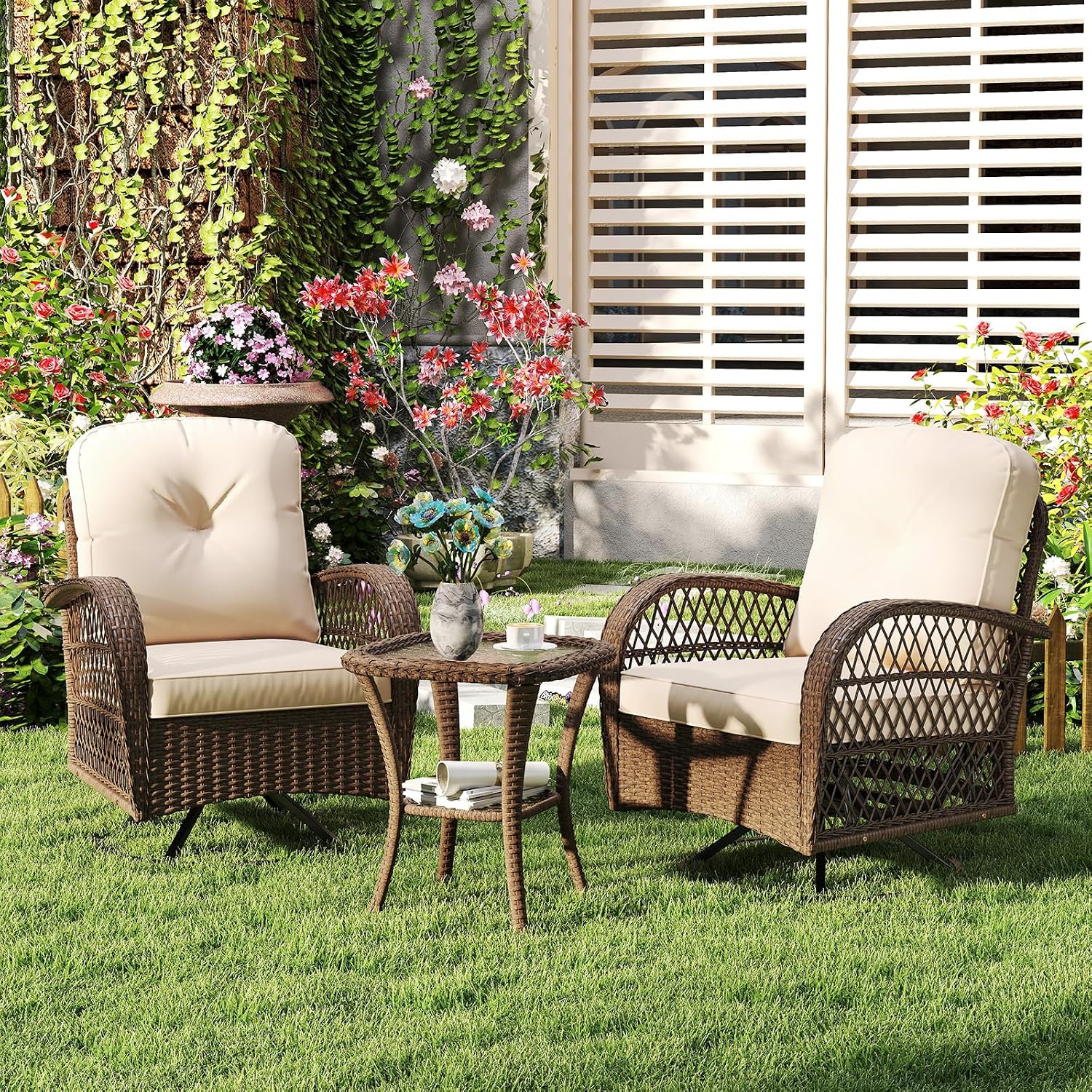 ORALNER 3 Pieces Wicker 360° Swivel Rocker Set Patio Furniture, Rocking Chairs with Cushions, Tempered Glass Coffee Table, Outdoor Rattan Bistro Set for Balcony Front Porch Deck Poolside (Beige)