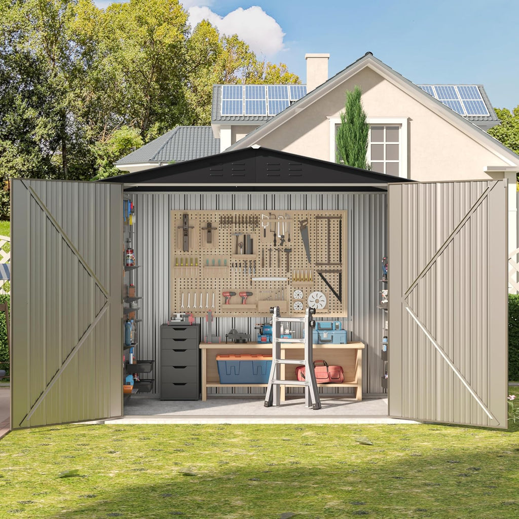 6x4 FT Outdoor Storage Shed, Metal Shed with Air Vents & Lockable Doors, Waterproof Galvanized Steel Shed for Garden, Backyard—Tool & Bicycle Storage(Brown)