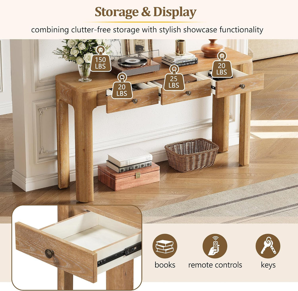 LKTART Solid Wood Entryway Table with 3 Drawers,Farmhouse Console Table Sofa Table with Curved Corners for Hallway,Foyer,Living Room (52' Natural)
