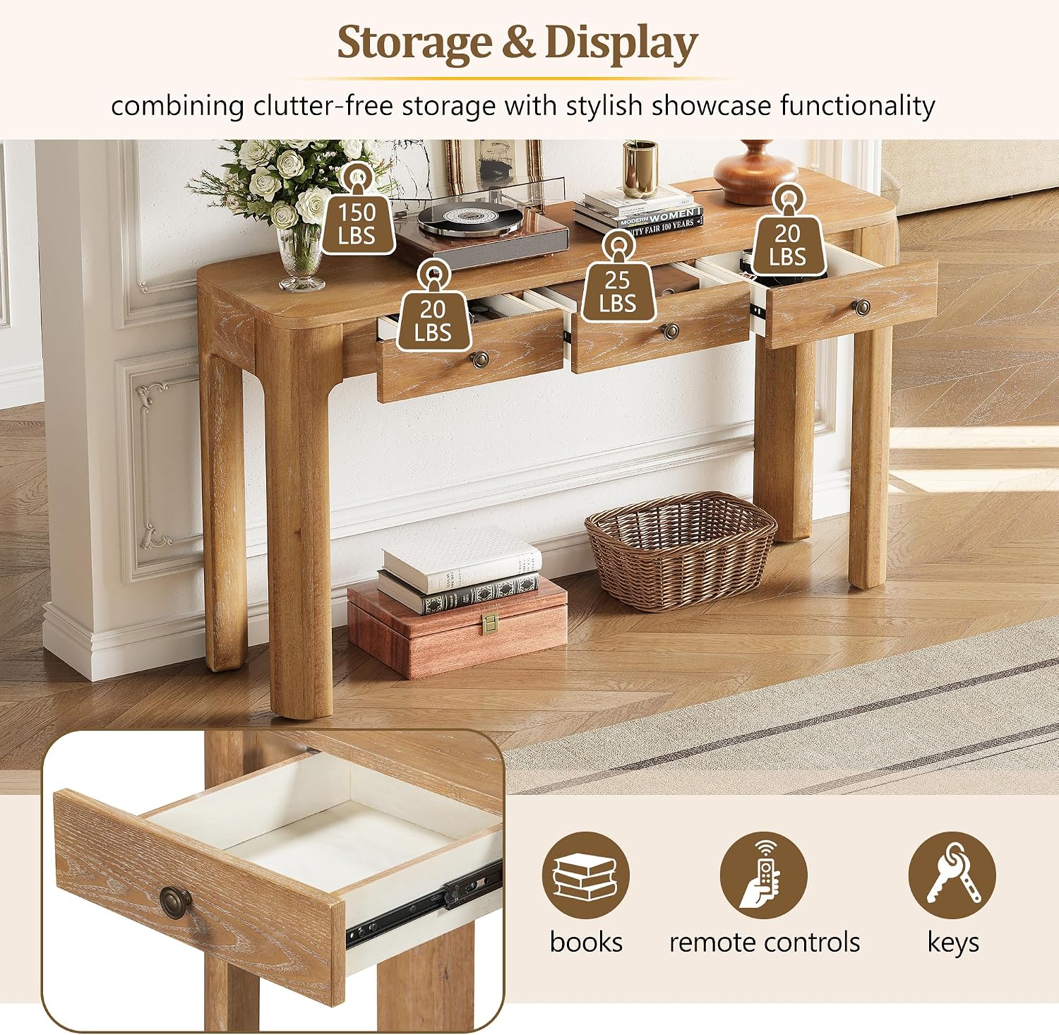 LKTART Solid Wood Entryway Table with 3 Drawers,Farmhouse Console Table Sofa Table with Curved Corners for Hallway,Foyer,Living Room (52' Natural)