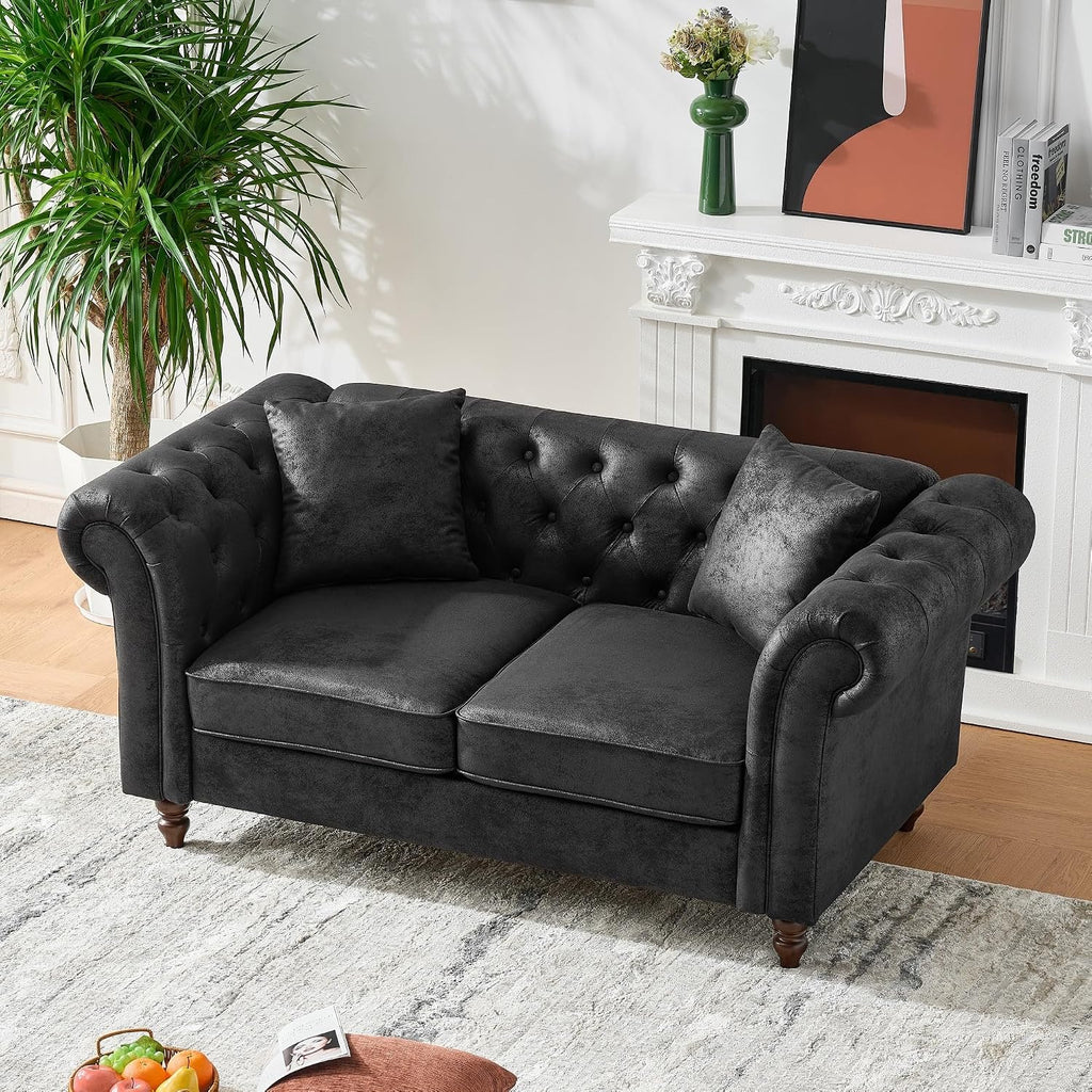 Air Leather Tufted Loveseat Couch, Rolled Arm 2-Seater Sofa with 2 Pillows, Living Room Small Apartment Office Décor