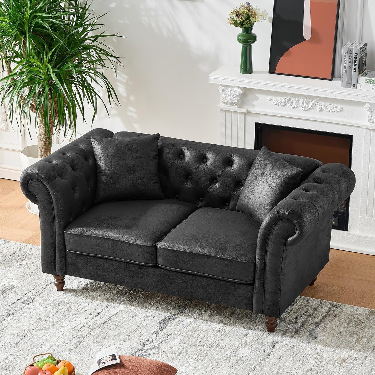 Air Leather Tufted Loveseat Couch, Rolled Arm 2-Seater Sofa with 2 Pillows, Living Room Small Apartment Office Décor