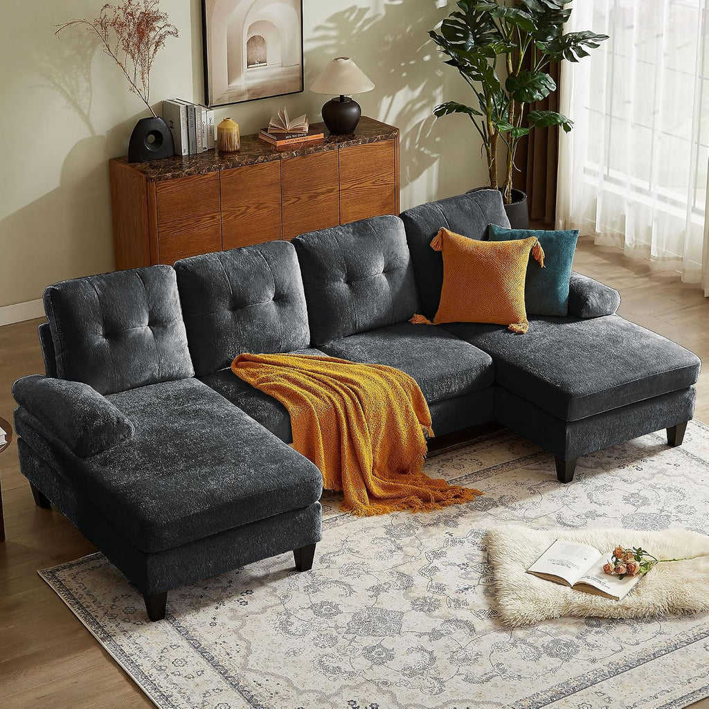 Sectional Couch for Living Room, Modern Polyester Fibre U Shaped Sofa Couches with Double Chaise, Upholstered 4 Seater Sofa for Living Room, Apartment, Office, Black