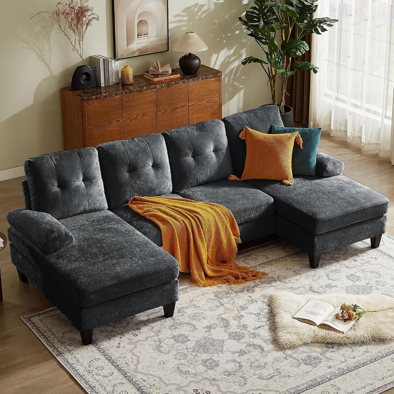 Sectional Couch for Living Room, Modern Polyester Fibre U Shaped Sofa Couches with Double Chaise, Upholstered 4 Seater Sofa for Living Room, Apartment, Office, Black