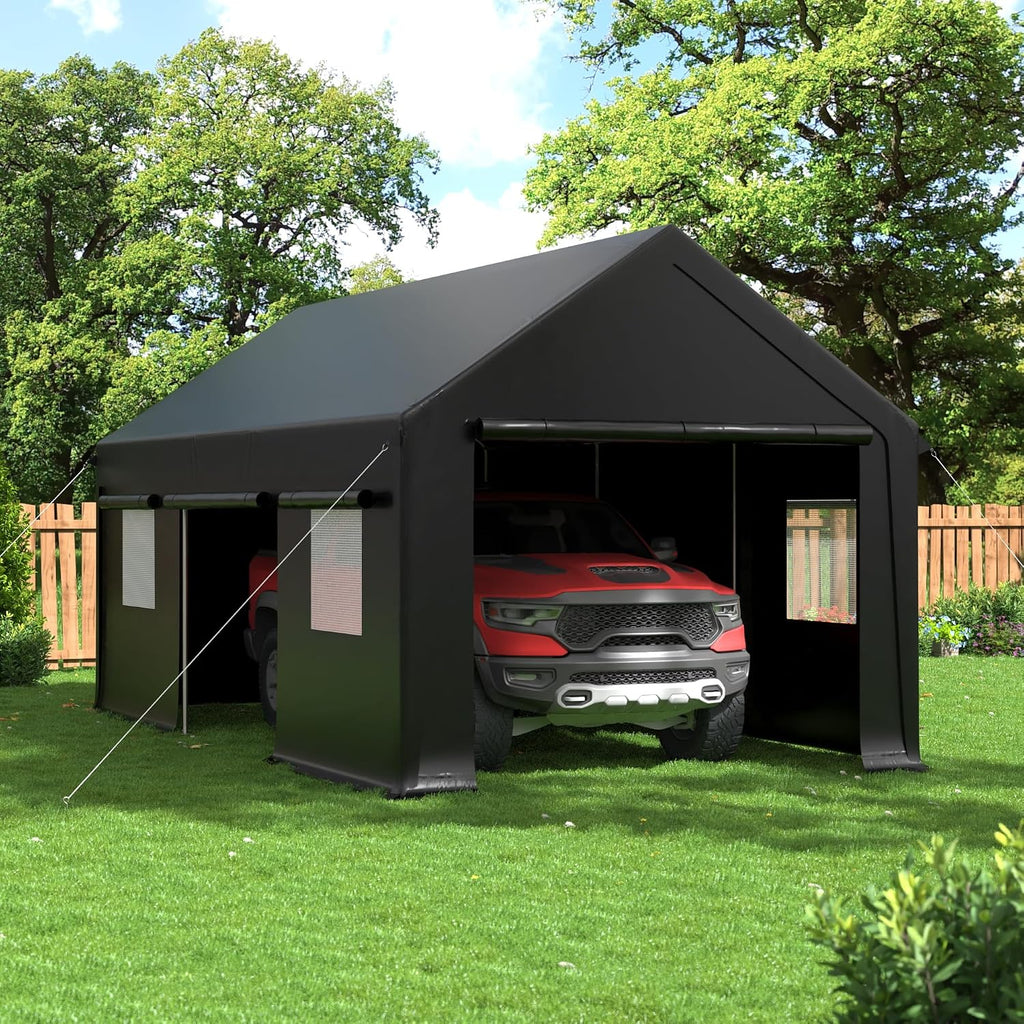 AirWire 12x20 FT Heavy Duty Carport, Portable Car Tent Garage with Roll-Up Windows & Side-Opening Door, Enclosed Car Port Canopy with Reinforced Four-Hole Base for Car, Truck, Boat