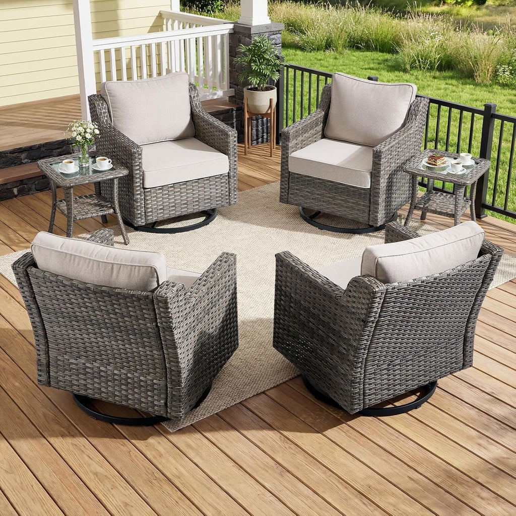 Luxury Patio Furniture Chairs Set - 2 Pieces All Weather Wicker Outdoor Couch and High Back Swivel Rocker Patio Chairs for Deck Yard and Poolside Gray Wicker | Beige Cushions