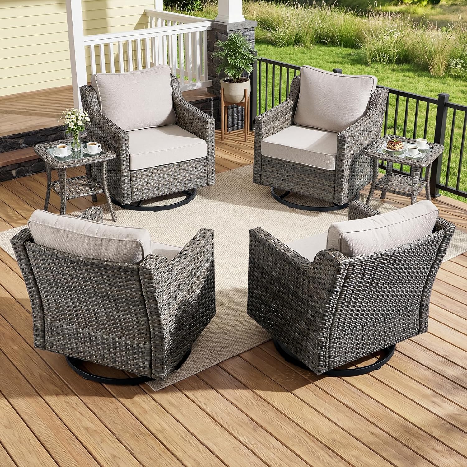 Luxury Patio Furniture Chairs Set - 2 Pieces All Weather Wicker Outdoor Couch and High Back Swivel Rocker Patio Chairs for Deck Yard and Poolside Gray Wicker | Beige Cushions