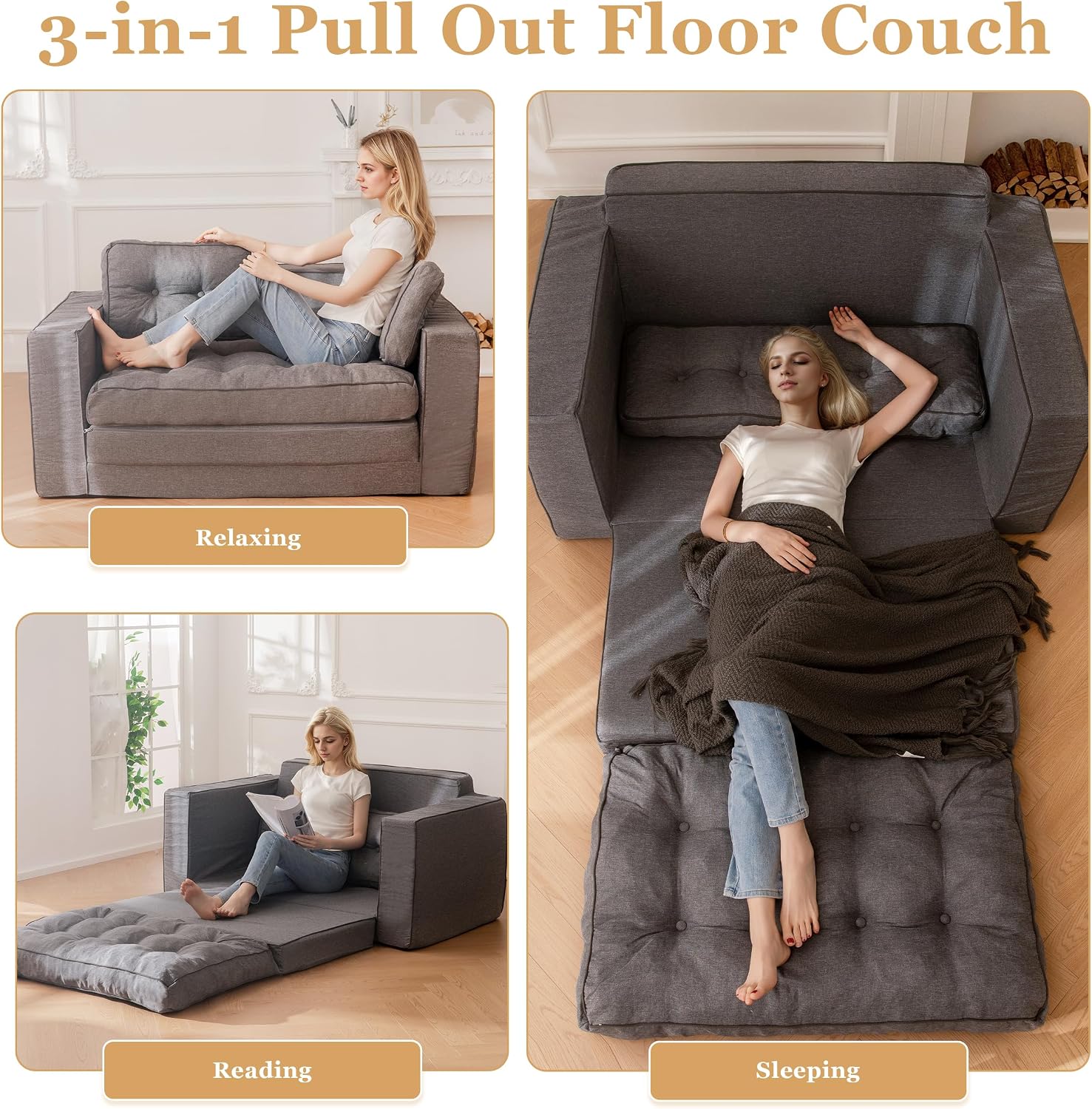 YOSHOOT Loveseat Sleeper Sofa,55' Convertible Sofa Bed Couch Futon Couches for Living Room,3-in-1 Pull Out Floor Couch with Reclining Backrest and Pillows