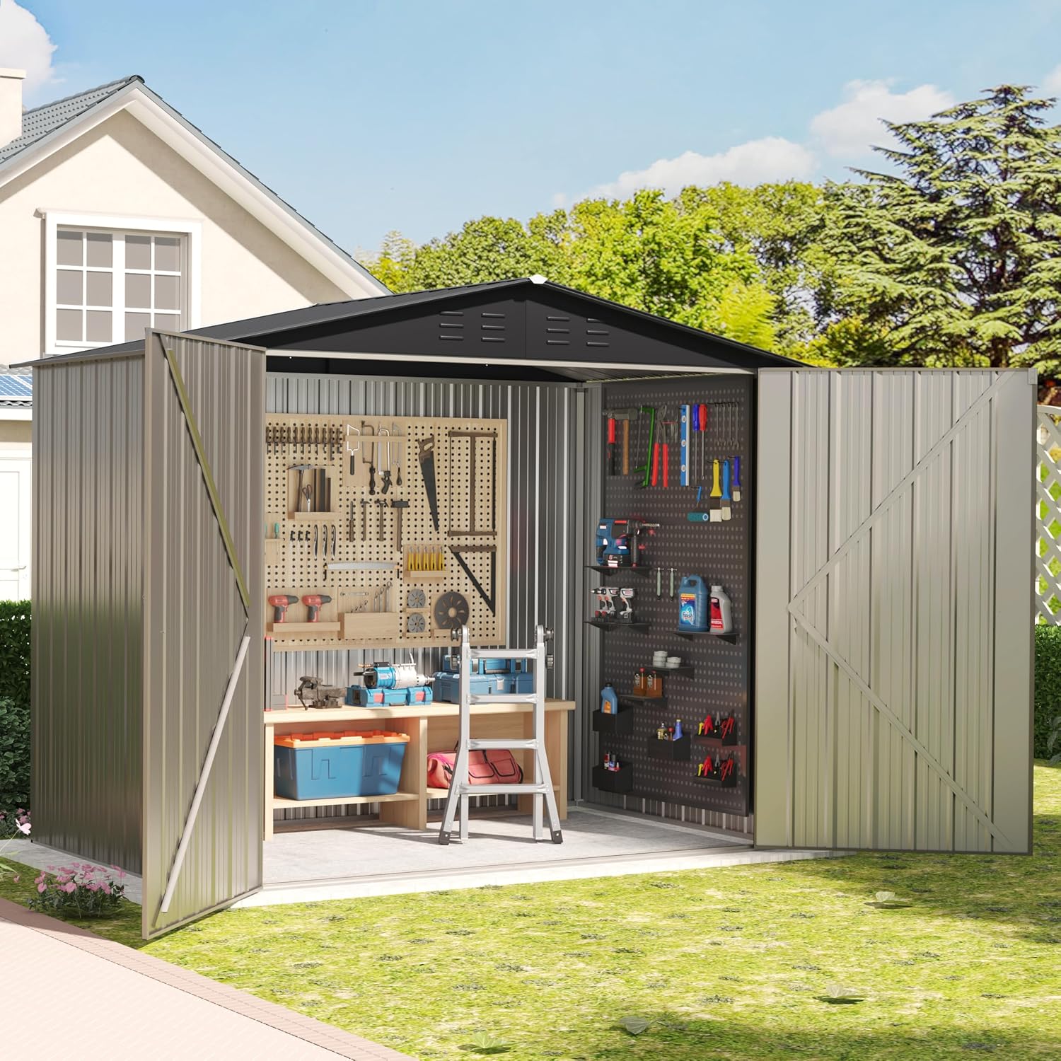 6x4 FT Outdoor Storage Shed, Metal Shed with Air Vents & Lockable Doors, Waterproof Galvanized Steel Shed for Garden, Backyard—Tool & Bicycle Storage(Brown)