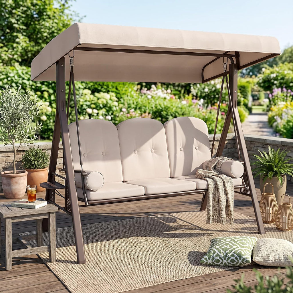 Outsunny 3-Seat Patio Swing Chair, Outdoor Porch Swing Glider with Adjustable Canopy, Removable Cushion, Pillows and Side Trays, for Garden, Poolside, Backyard, Beige