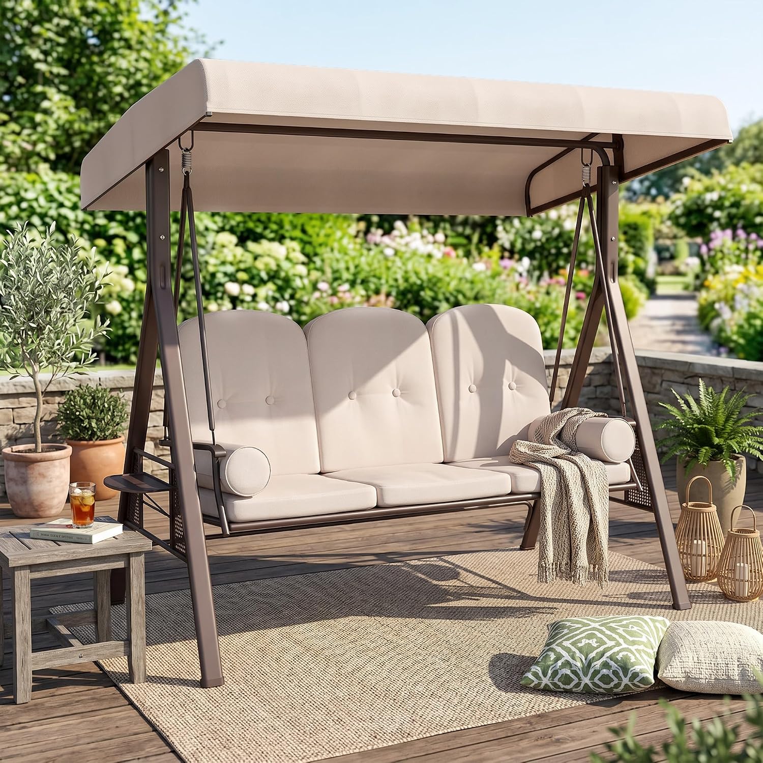 Outsunny 3-Seat Patio Swing Chair, Outdoor Porch Swing Glider with Adjustable Canopy, Removable Cushion, Pillows and Side Trays, for Garden, Poolside, Backyard, Beige