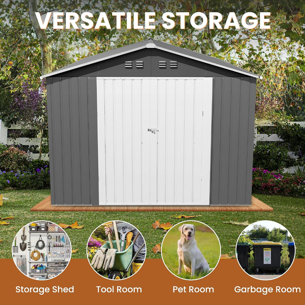 10x12 FT Outdoor Storage Shed, Tool Shed Outdoor Storage Large Updated Frame Structure with Double Lockable Doors, Steel Anti-Corrosion Sheds for Backyard, Pool, Patio, Light Gray+White