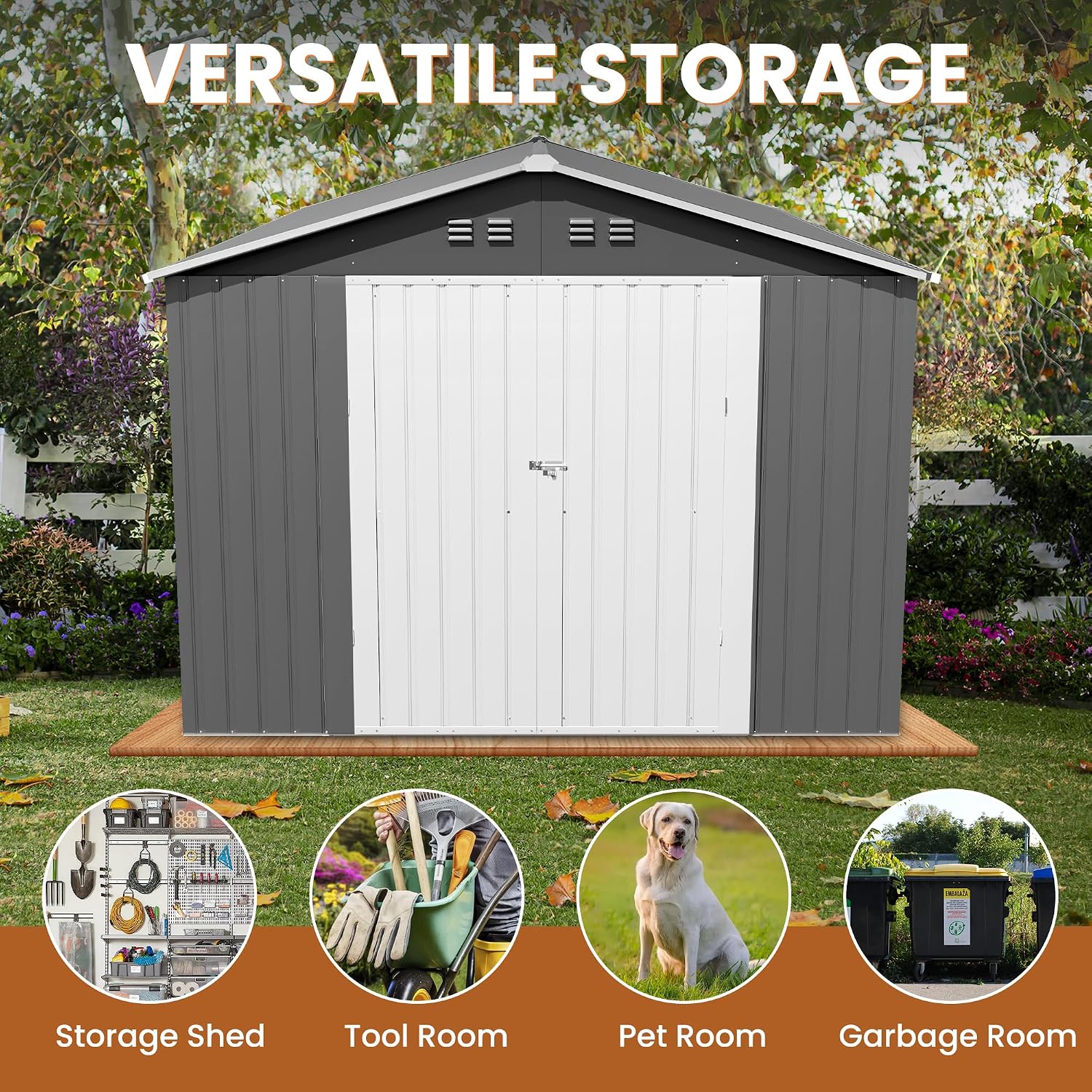 10x12 FT Outdoor Storage Shed, Tool Shed Outdoor Storage Large Updated Frame Structure with Double Lockable Doors, Steel Anti-Corrosion Sheds for Backyard, Pool, Patio, Light Gray+White