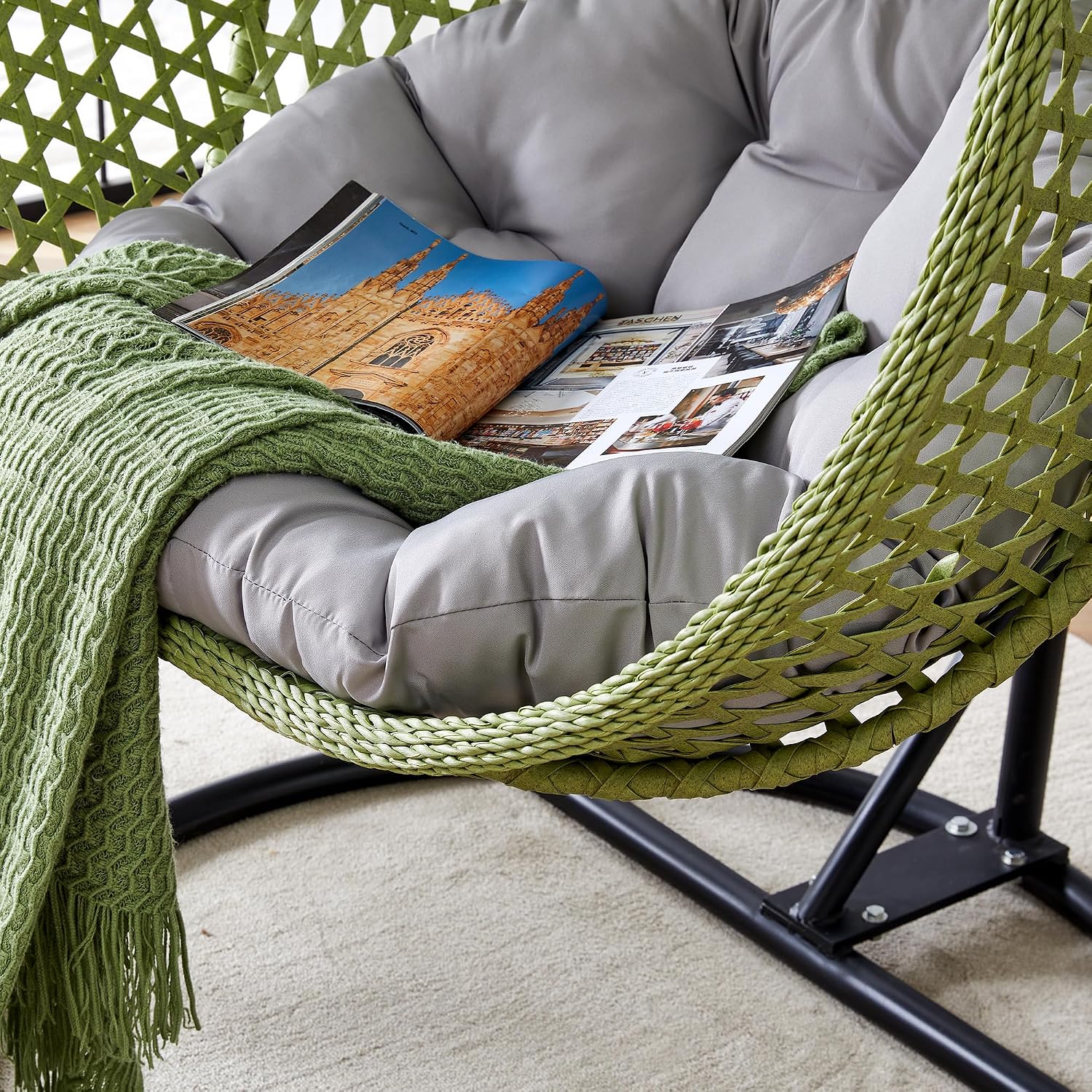 Egg Swing Chair Outdoor with Stand, Hanging Egg Rattan Basket Chair with Cushion and Pillow, Swinging Egg Chair, Foldable Basket and Metal Stand for Porch, Patio, Bedroom, Balcony,Yard (Green)