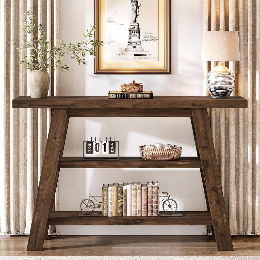 Solid Wood Console Table, 47.24' Long Farmhouse Entryway Table with 3-Tier Shelves, Rectangular Couch Tables Behind Sofa, Narrow Accent Tables for Hallway, Entrance, Foyer, Living Room (Dark Brown)