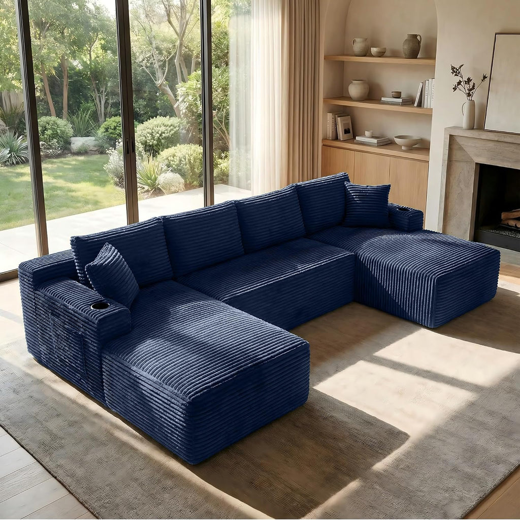 125' Oversized Cloud Boneless Couch with Chaise, Modern Modular Sofa with Deep Seat, Corduroy Upholstered U Shaped Couch for Living Room, No Assembly Required (Blue)