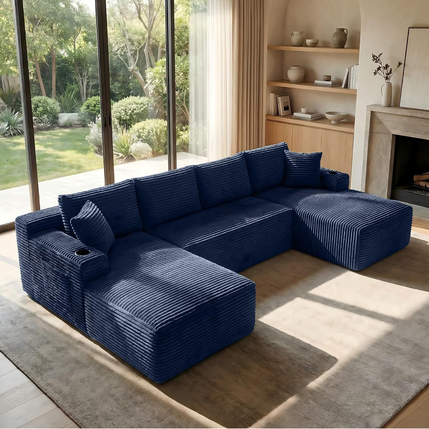 125' Oversized Cloud Boneless Couch with Chaise, Modern Modular Sofa with Deep Seat, Corduroy Upholstered U Shaped Couch for Living Room, No Assembly Required (Blue)