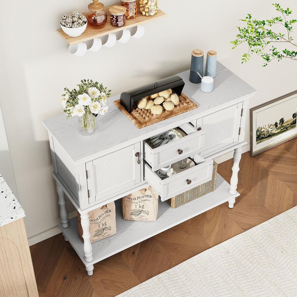 ARTPOWER Console Table with 2 Drawers, Retro Entryway Table with 2 Door Cabinets and Open Storage Shelf, Narrow Long Behind Couch Sofa Table for Living Room, Foyer, Hallway, White