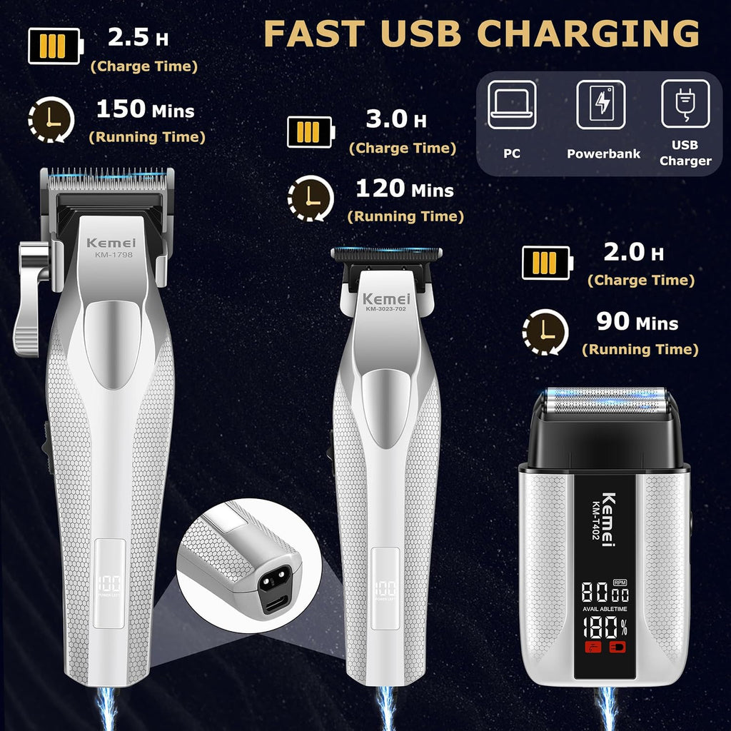 KEMEI Professional Hair Clippers for Men, Cordless Barber Clippers and Trimmers Set with Full Metal Body, Electric Foil Shavers with LED Display & Travel Case, KM-3023-702, KM-1798, KM-T402