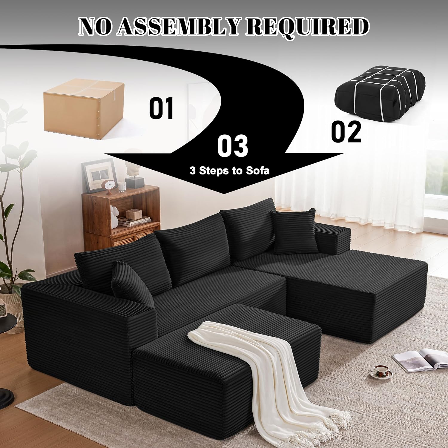 Mangodan 110' Cloud Sectional Couch, Boneless Sofa for Living Room, Modular Sectional Sofa with Deep Seat, Comfy Fluffy U-Shaped Couch with Right-Facing Chaise, No Assembly Required, Black