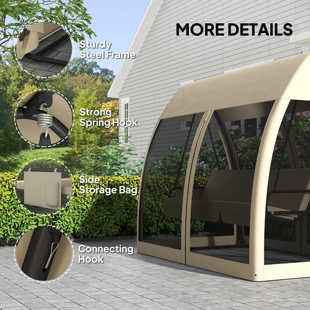 Outsunny 3-Seat Patio Swing Chair, Porch Swing Bed with Convertible Backrest, Cushion, Canopy, Side Pocket and Mesh Netting for Patio, Garden, Backyard, Coffee