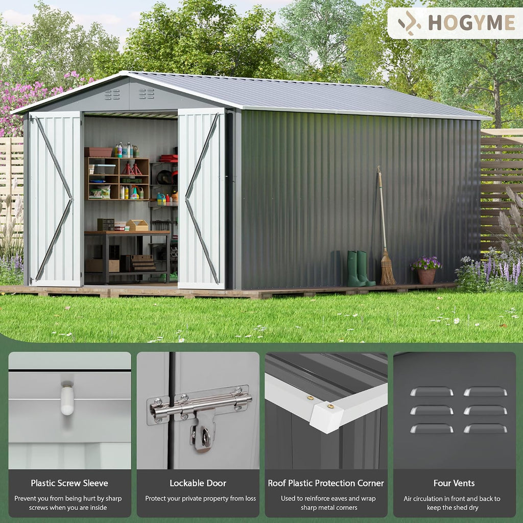 JAXPETY 10x12 FT Outdoor Storage Shed, Garden Shed with Lockable Doors, Tool Sheds for Backyard Garden Patio Lawn, Grey