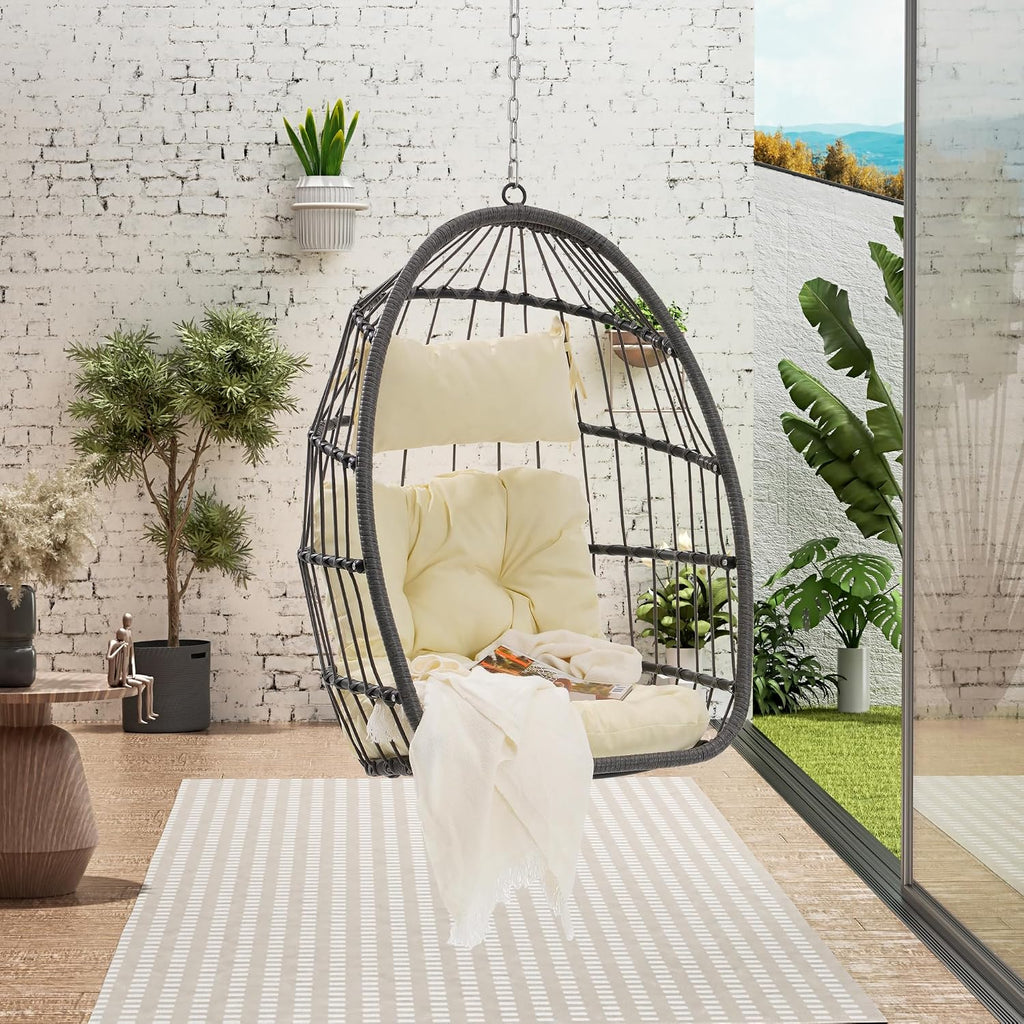 Hanging Egg Swing Chair Outdoor Wicker Hammock Egg Chairs Indoor Without Stand Water-Resistant Tufted Swing Basket Chairs Egg Chairs with UV Resistant Cushions for Bedroom Balcony Garden Patio