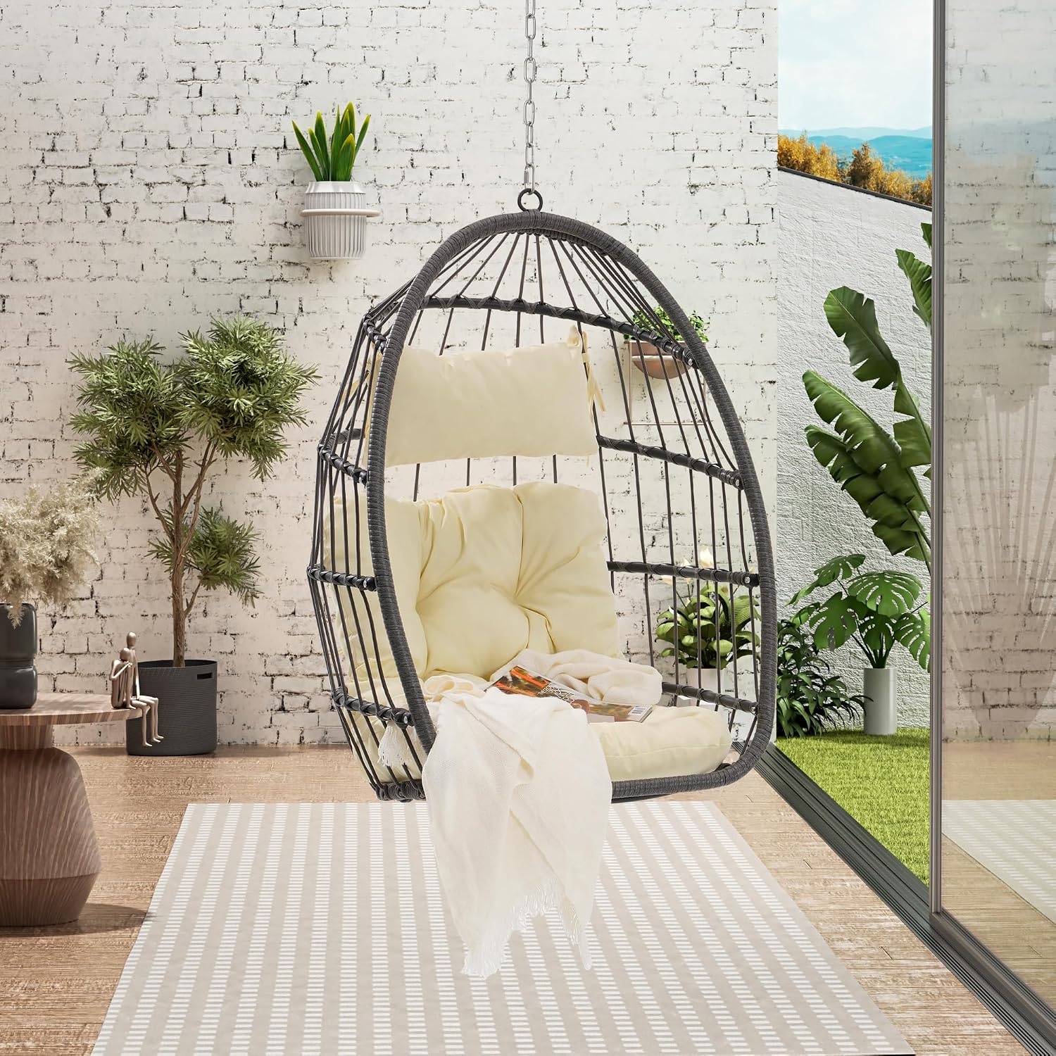 Hanging Egg Swing Chair Outdoor Wicker Hammock Egg Chairs Indoor Without Stand Water-Resistant Tufted Swing Basket Chairs Egg Chairs with UV Resistant Cushions for Bedroom Balcony Garden Patio