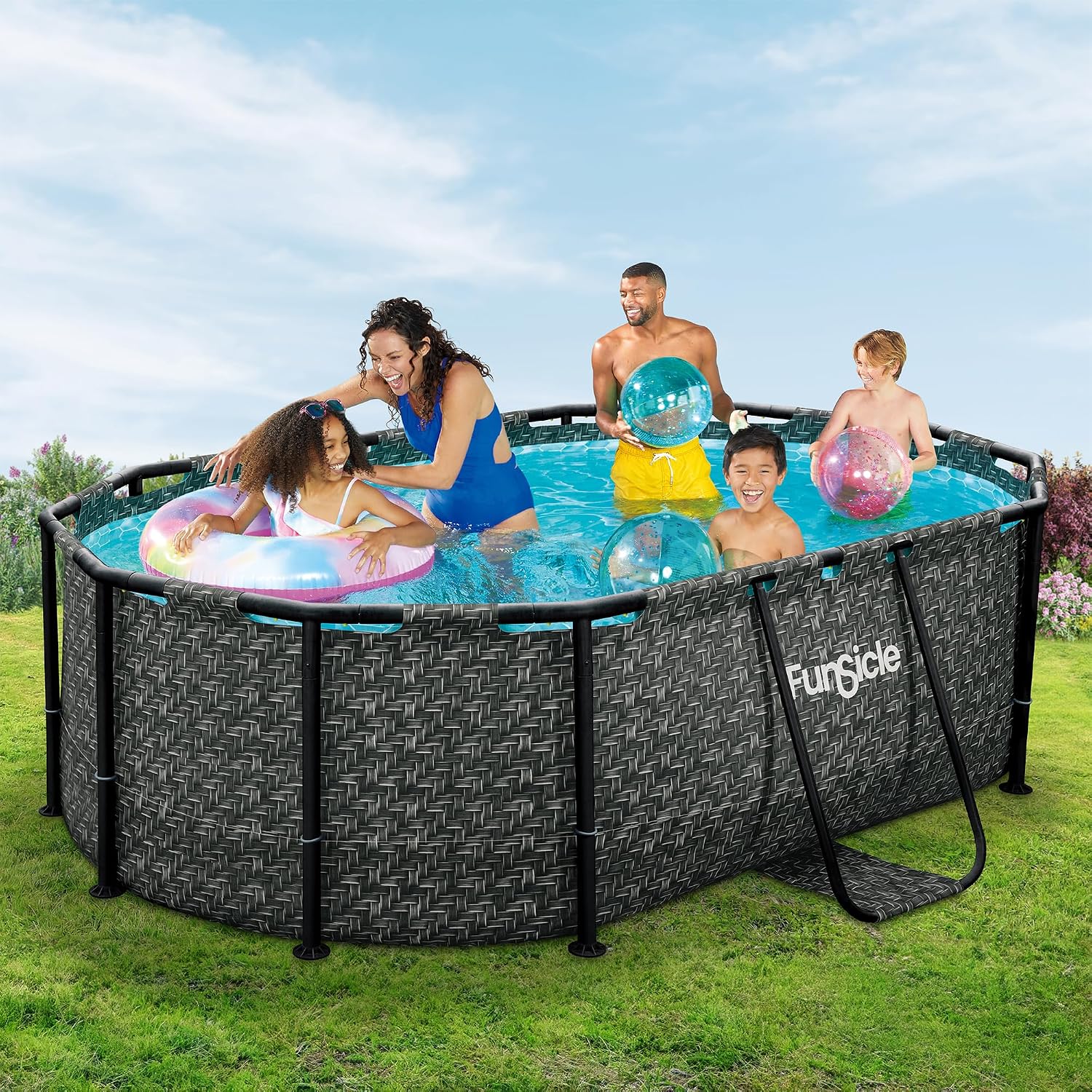 Funsicle Oval Oasis Designer 9' 10' x 6' 7' x 33' Above Ground Swimming Pool, With FiltraBoost 400 GPH Filter Pump with AutoSkimmer, Type I Filter Cartridge & Repair Patch, Dark Herringbone