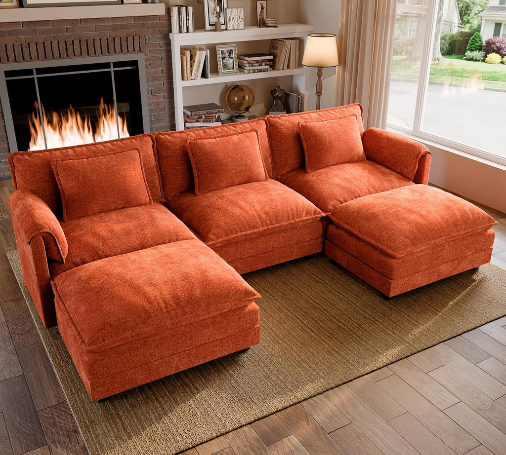 ELUCHANG Oversized 116' Modular Sectional Sofa, Comfy Cloud Couch, U Shaped Deep Seat Sofa Couches for Living Room, 5-Seater Modern Sofa with Movable Ottoman, DIY Combination - Chenille Terracotta