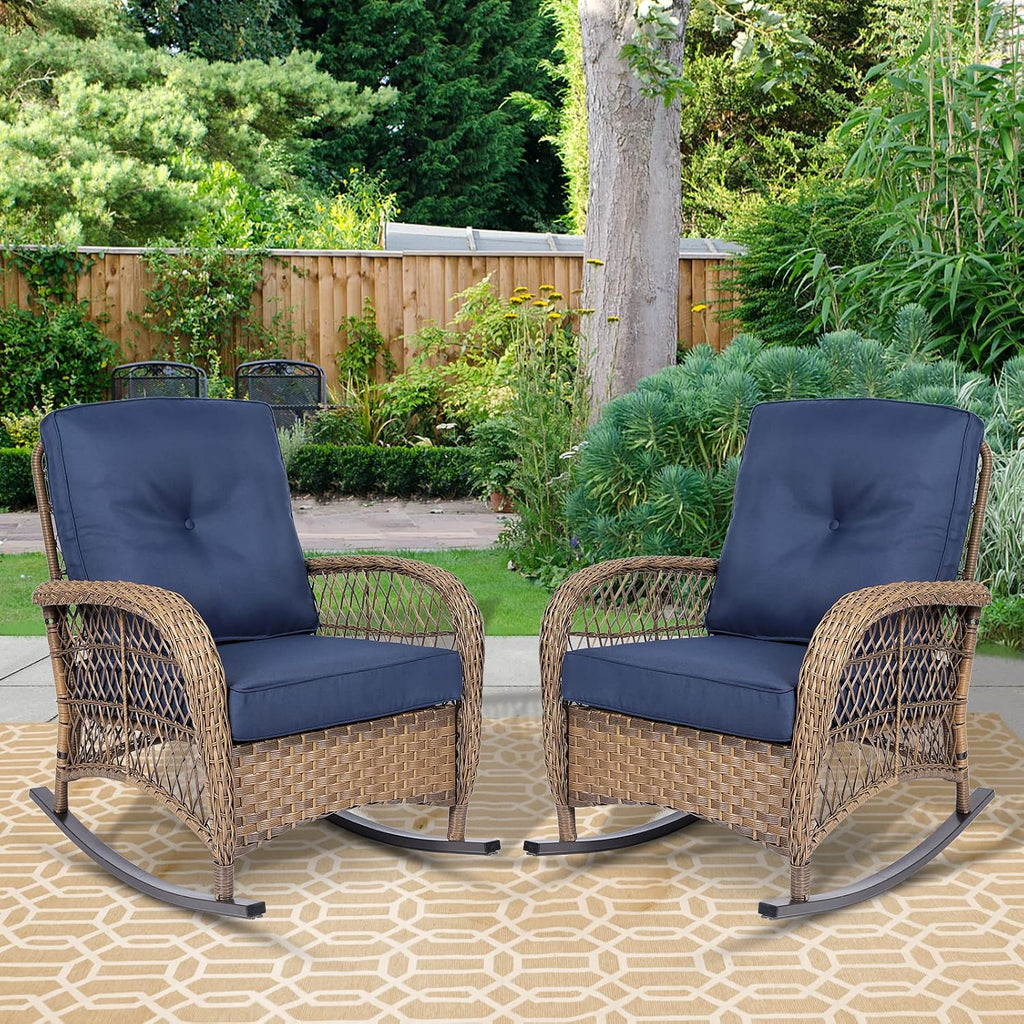 Outdoor Wicker Rocking Chair with Thickened Cushions, All-Weather Rattan Patio Rocking Chairs, Patio Wicker Rocker Chair for Backyard, Beige, Set of 2, Navy Blue