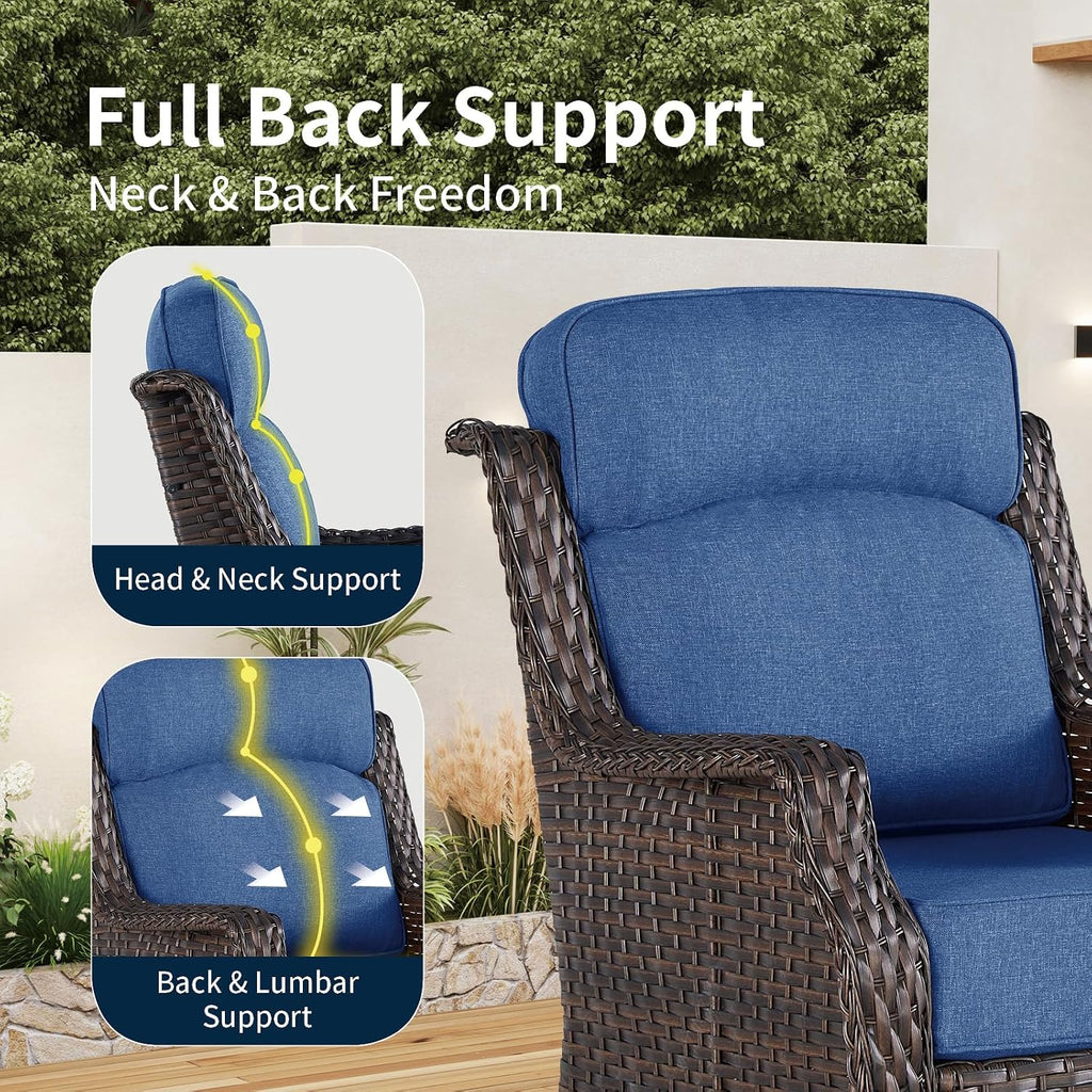 Outdoor Wicker Swivel Rocker Chair with 6-Inch Thick Cushions, High Back Patio Glider Chair, 360° Swivel & Rocking Motion for Porch, Deck, Balcony, Poolside, Brown/Blue