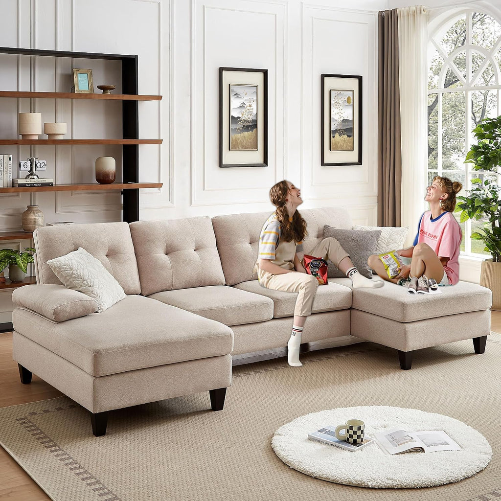 Sectional Couch for Living Room, Modern Linen Fibre U Shaped Sofa Couches with Double Chaise, Upholstered 4 Seater Sofa for Living Room, Apartment, Office, Beige