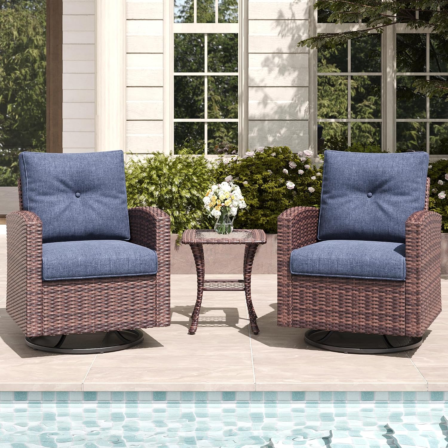 LayinSun 3 Pieces Outdoor Swivel Rocker Chair Set of 2 and Side Table, 360 Degree Rattan Wicker Swivel Chairs Patio Bistro Set for Porch