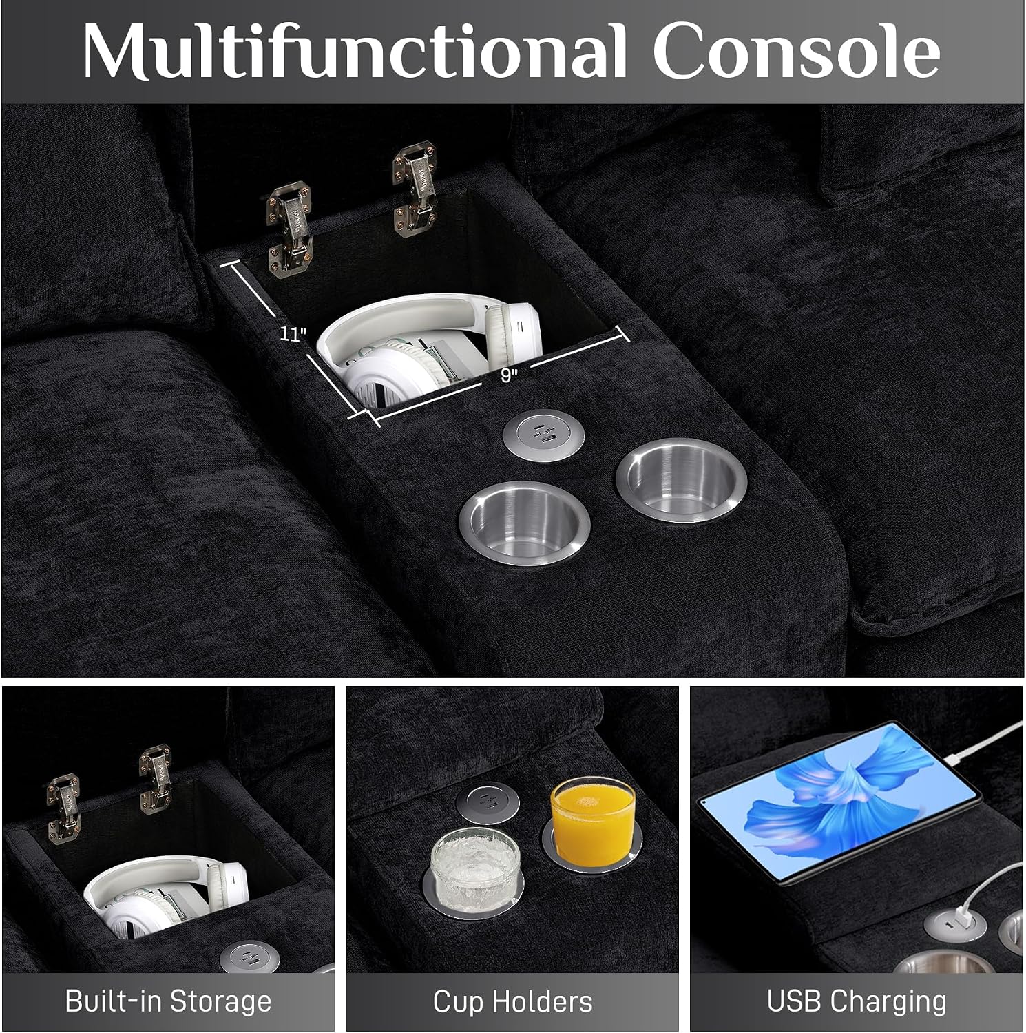 145' Oversized Modular Sectional Sofa U Shaped Cloud Couch Modern 6 Seat Sofa Set for Living Room Comfy Chenille Deep Seat with Storage Central Console, Movable Ottomans, Cup Holders, USB Ports, Black