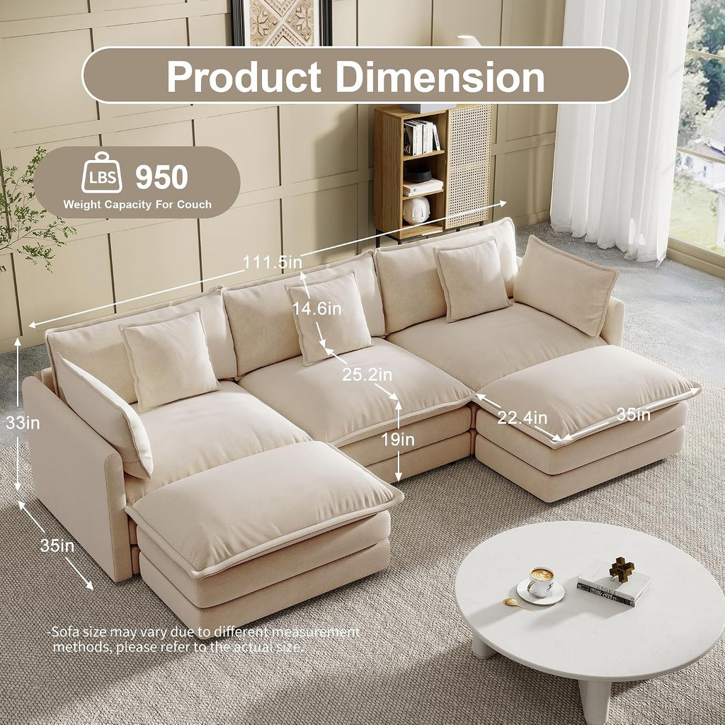 Modular Sectional Sofa, 111.5 Inch U-Shaped Cloud Sofa with Deep Seat Chenille Sofa with Cushions, Three-Self Sectional Sofa for Living Room Apartment,Light Coffee