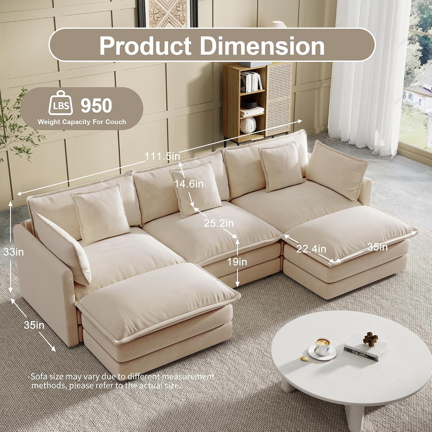 Modular Sectional Sofa, 111.5 Inch U-Shaped Cloud Sofa with Deep Seat Chenille Sofa with Cushions, Three-Self Sectional Sofa for Living Room Apartment,Light Coffee