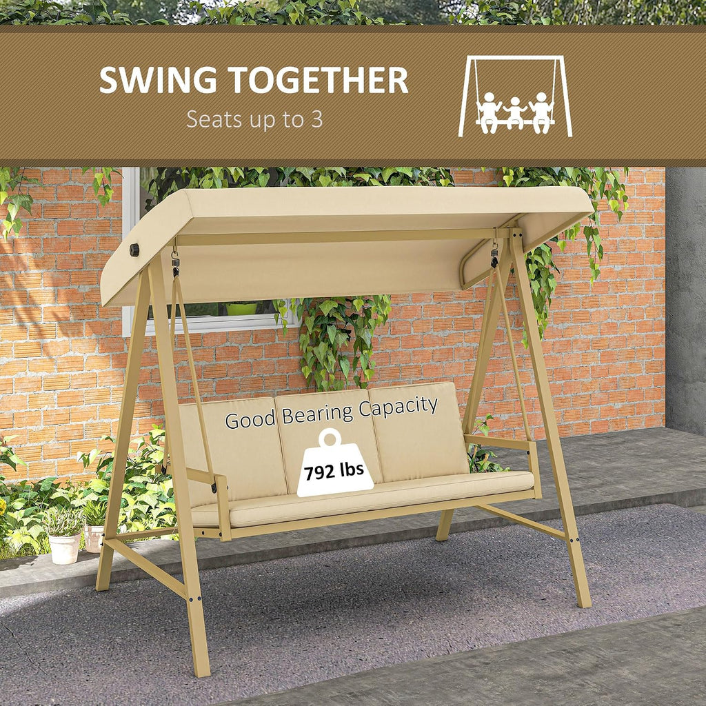 Outsunny 3-Seater Outdoor Porch Swing with Stand, Heavy Duty Patio Swing Chair with Adjustable Canopy, Removable Cushions, Breathable Mesh Seat for Garden, Backyard, and Poolside, Beige