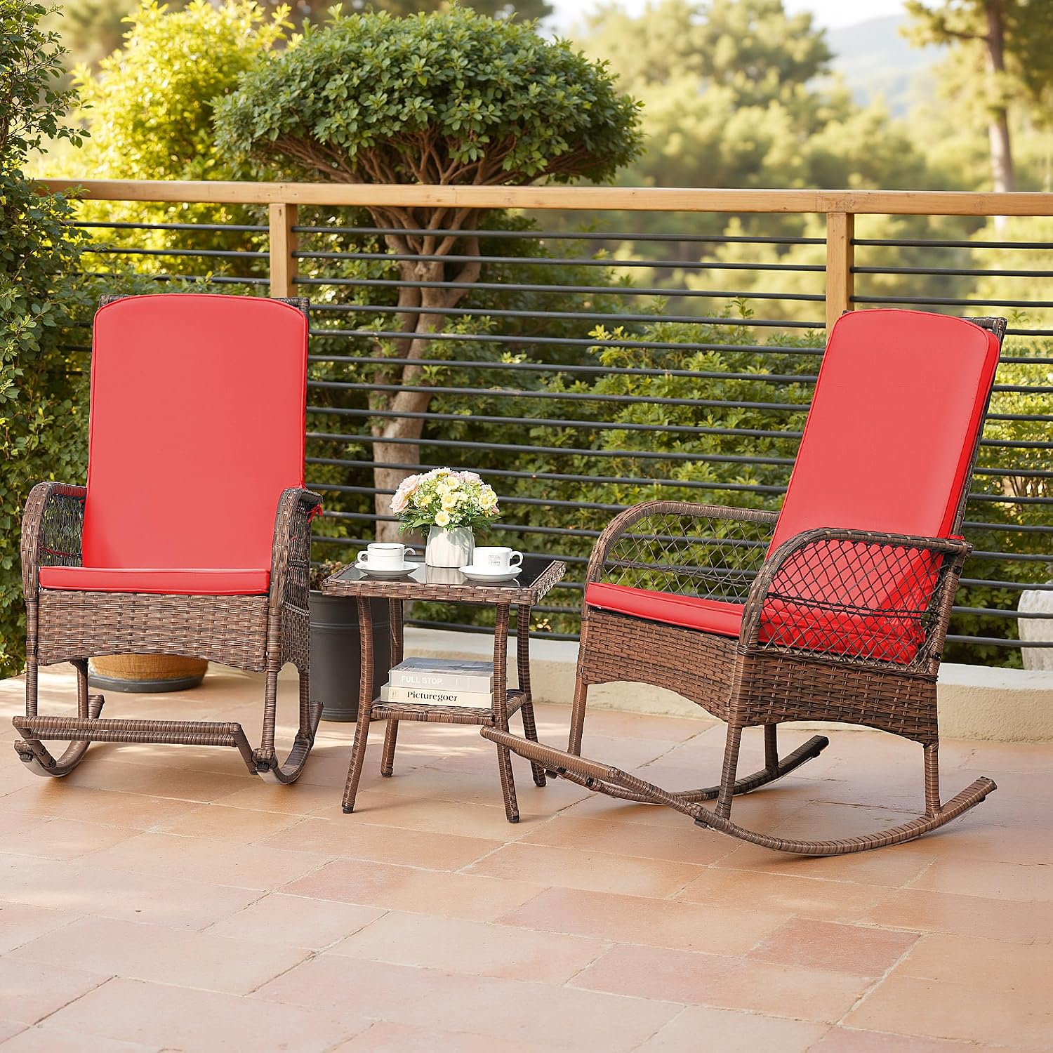 Devoko Outdoor Rocking Chairs 3 Piece Patio Furniture Set with Side Table & Cushions, Wicker Porch Rocker Bistro Set High Back for Balcony, Backyard, Garden (Red)