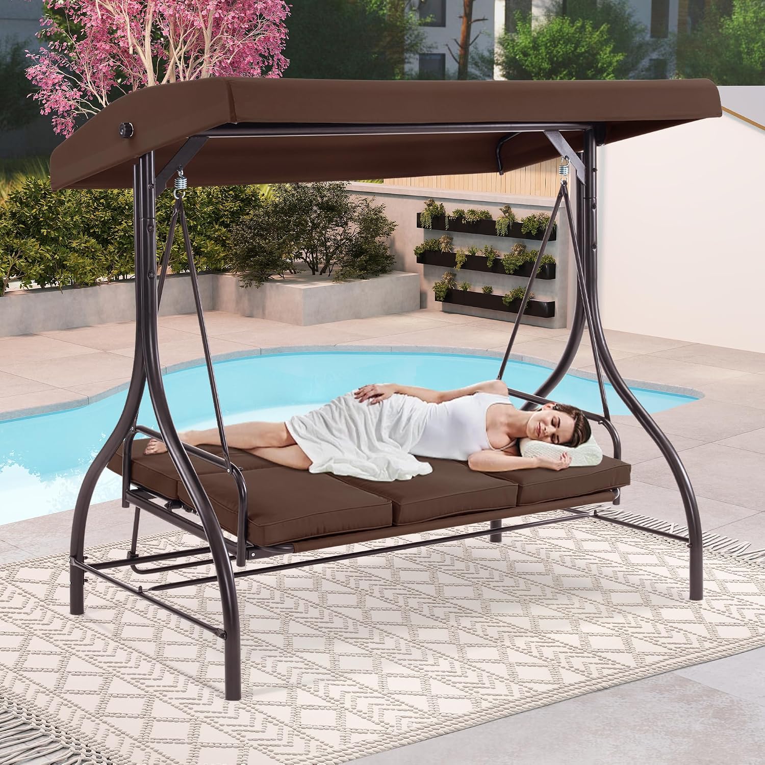 MCombo 3-Seat Outdoor Patio Swing Chair, 2-in-1 Convertible Porch Swing Glider Chair with Removable Cushions, Adjustable Canopy & Pillows for Backyard, Deck, Garden, 4068 (Brown)