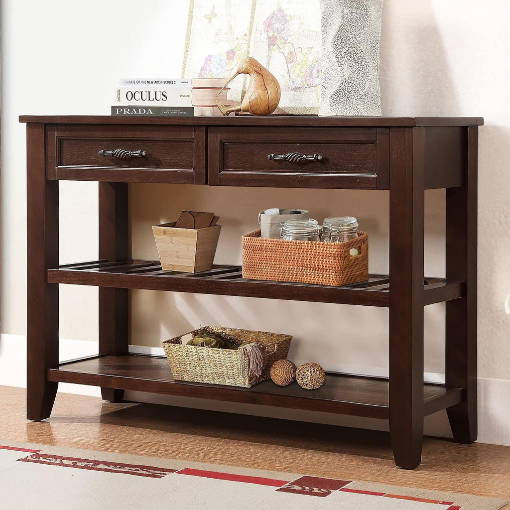 LKTART Solid Wood Console Table Sofa Tables with Drawers and Shelves Small Entryway Table for Living Room,Behind the Couch Table,Foyer(42' Espresso)