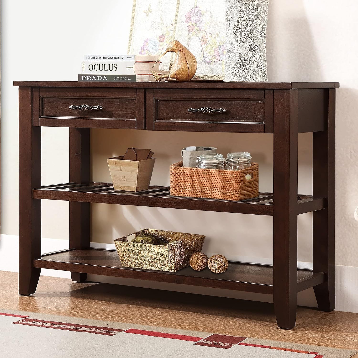 LKTART Solid Wood Console Table Sofa Tables with Drawers and Shelves Small Entryway Table for Living Room,Behind the Couch Table,Foyer(42' Espresso)