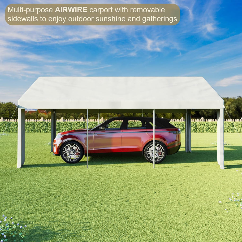 AirWire 12'x20' Heavy Duty Carport with All-Season Tarp, Portable Car Tent Garage with Roll-Up Windows & Side-Opening Door, Enclosed Car Port Canopy with Reinforced Base for Truck, Boat, White