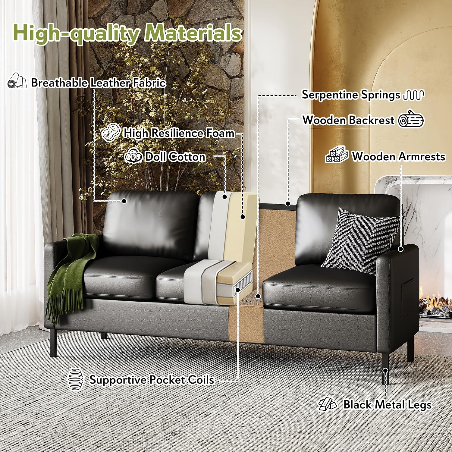 STHOUYN 72' W Faux Leather Black Sofa 3 Seat Couch, Modern Comfy Couch with 2 USB, Small Couches for Living Room Apartment Bedroom Small Spaces, Office(Black (Sofa))