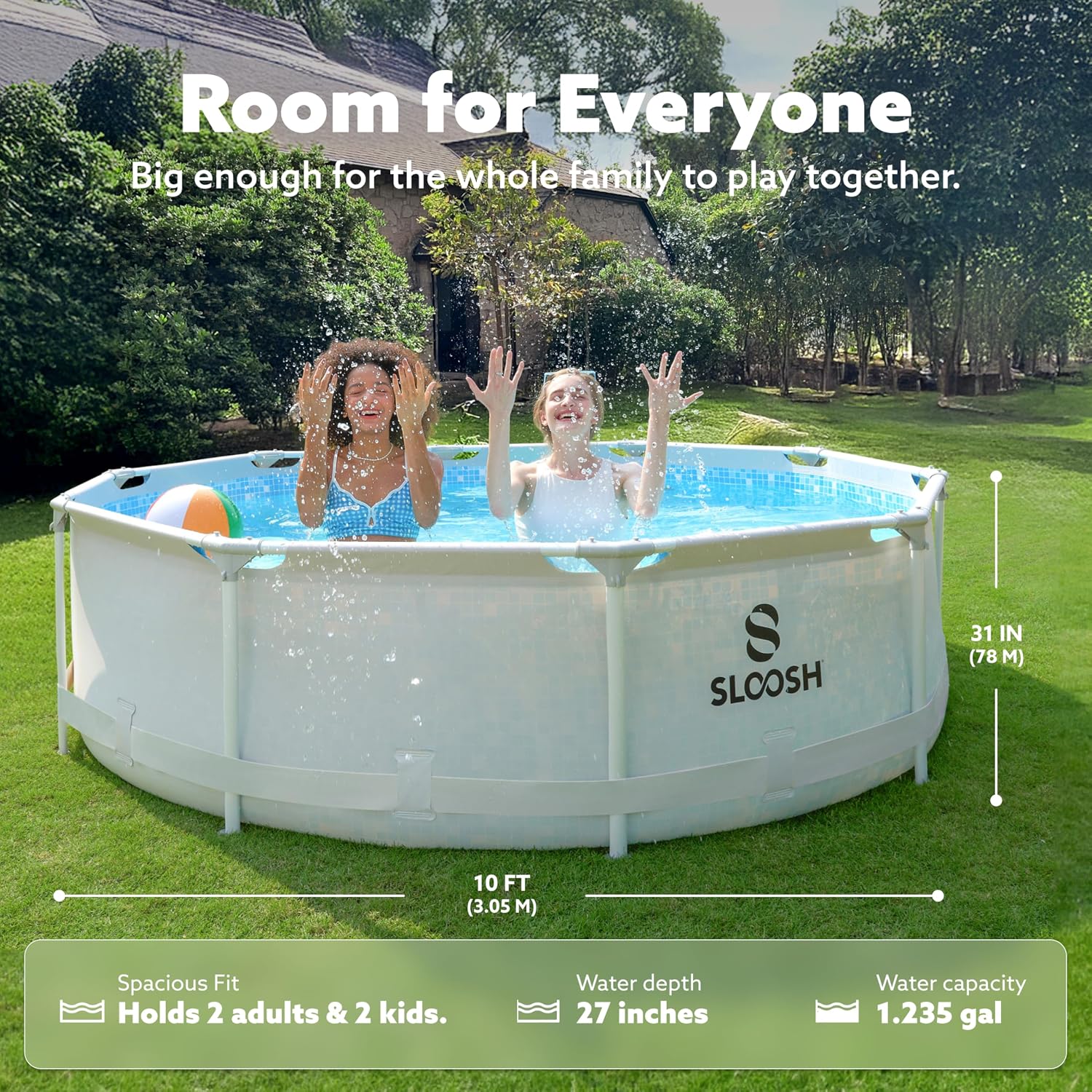 SLOOSH Round Above Ground Pool - 10ft x 30inch Outdoor Round Frame Above Ground Swimming Pool Set Kiddie Pool for Kids Adults with Filter Pump